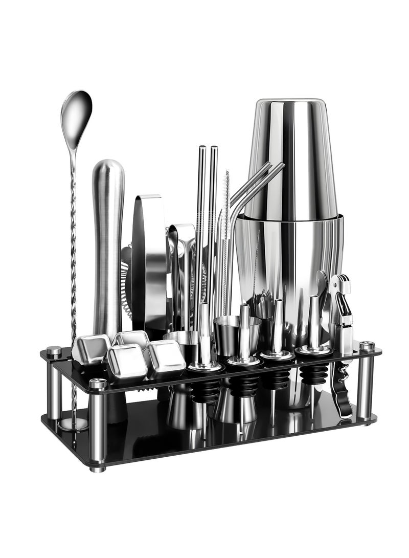 دائرة مربعة طقم شيكر كوكتيل من الستانلس ستيل 23 قطعة مع حامل أكريليك – أدوات بار احترافية لتحضير المشروبات في المنزل والحفلات - Image 5